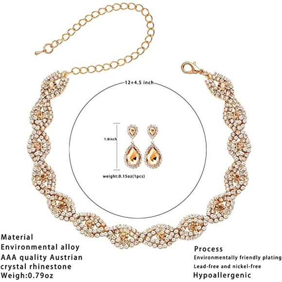 Golden Crystal Necklace Set CZ Cubic Rhinestone Necklace Bracelet Earrings Set - Picture 3 of 4
